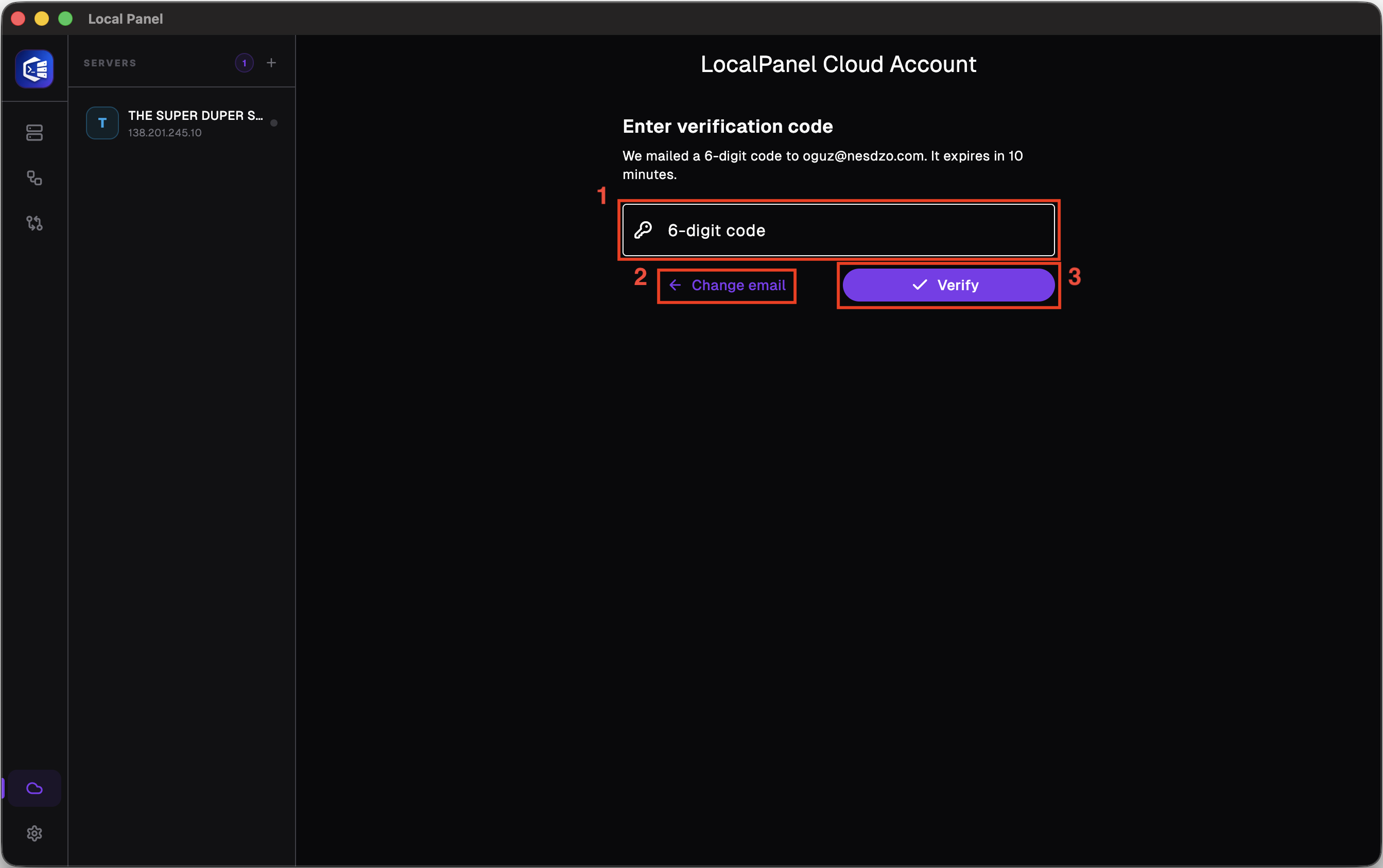 Cloud Account Screen 2 - enter the code