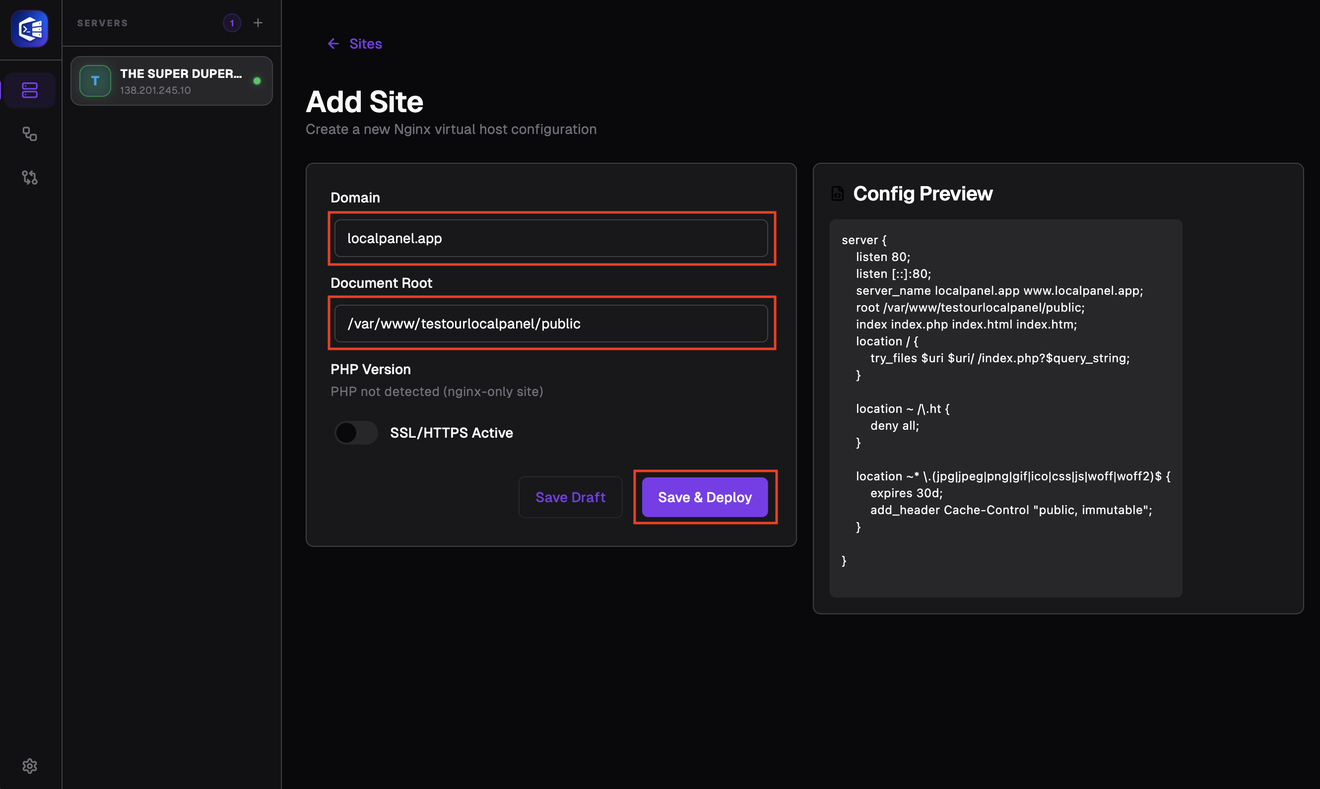 Configure nginx and apache 4 - fill in fields and deploy
