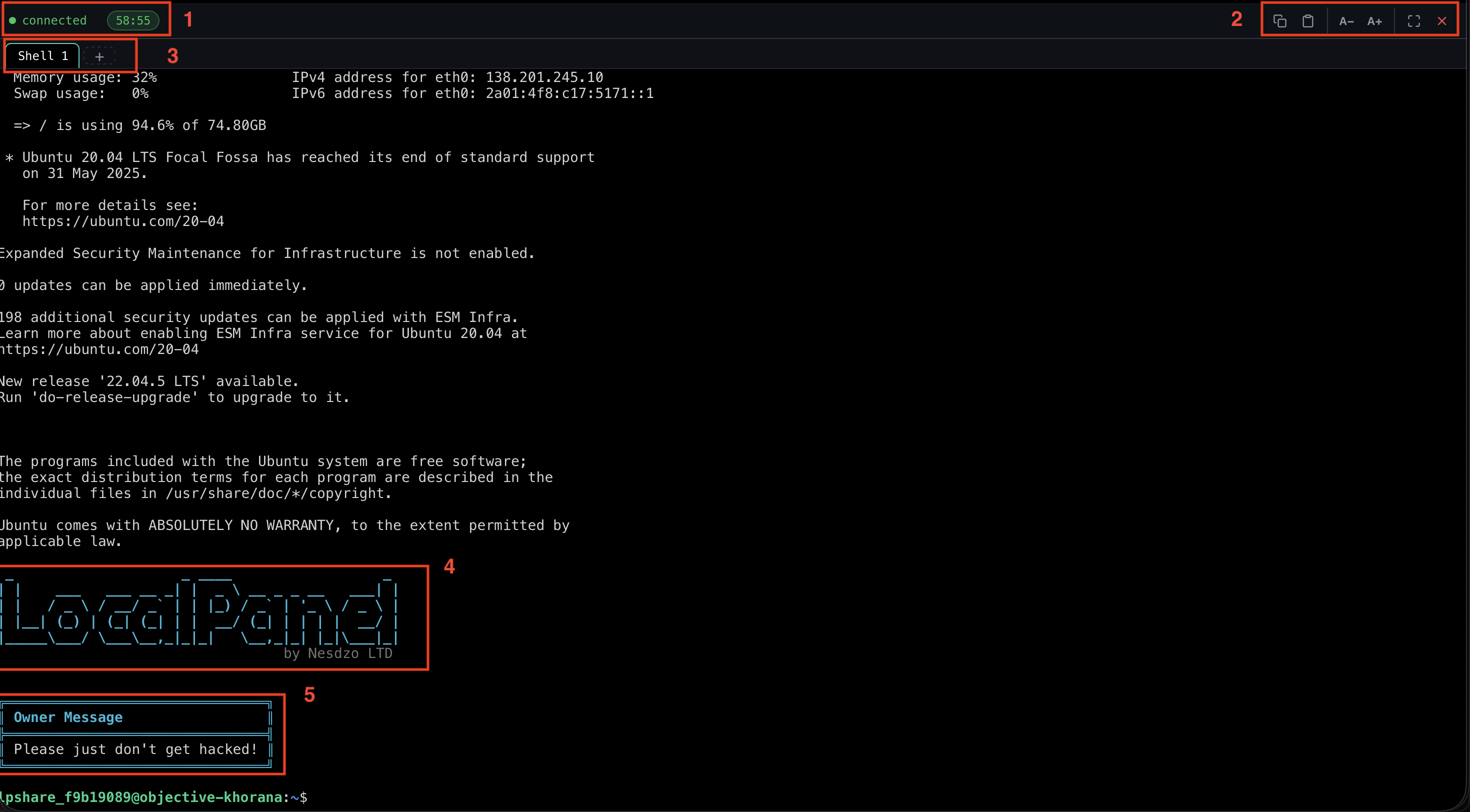 Safe Share 12 - successful connect and web terminal screen