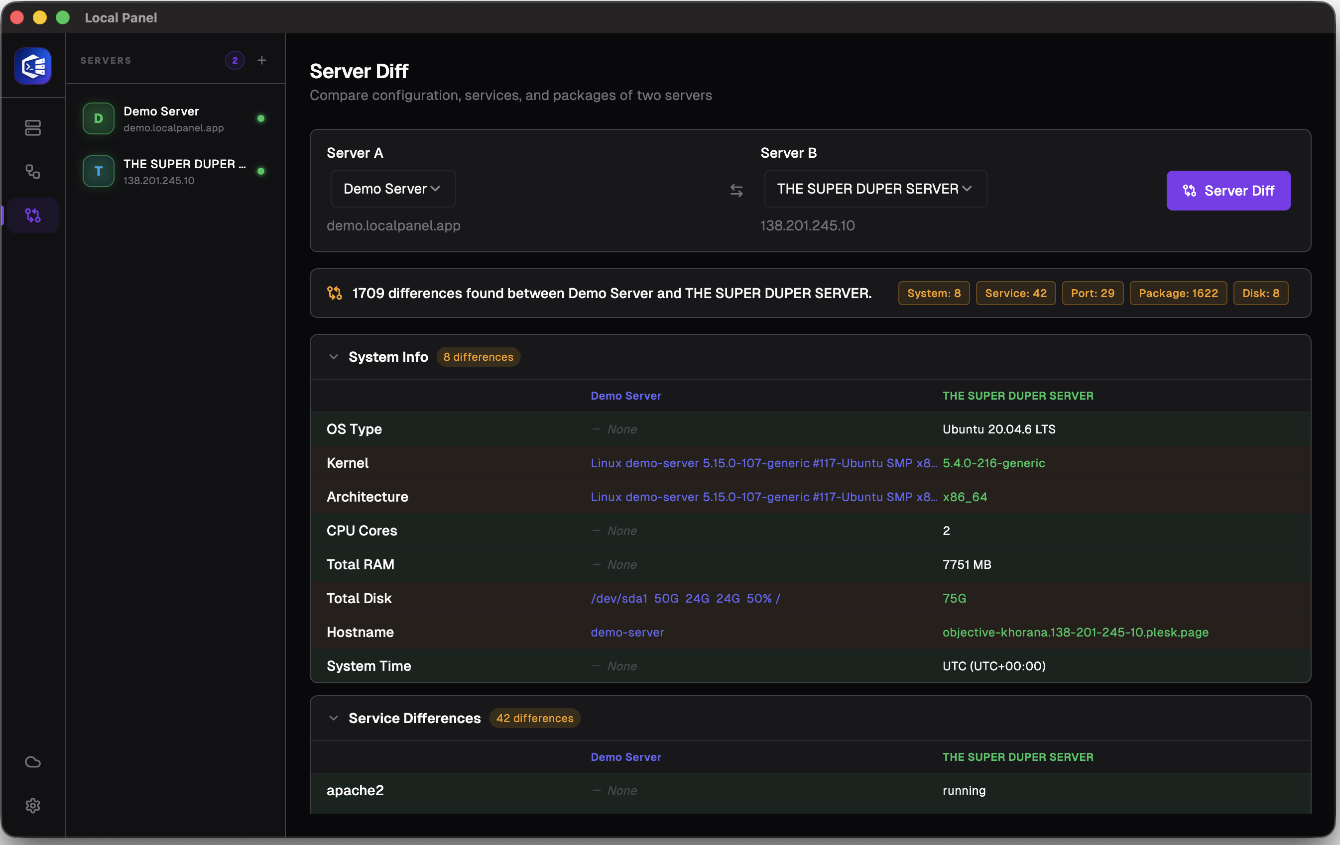 server diff screen 2 - diff result